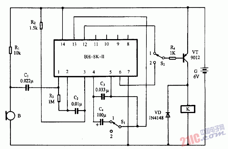 巧用BK-SK-II作雙用<strong>聲控開關(guān)</strong>電路圖