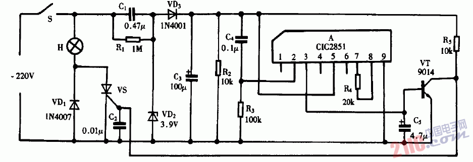 巧用CIC2851作<strong>白熾燈</strong><strong>啟動(dòng)控制</strong>器電路圖