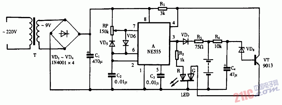 巧用NE555作<strong>脈沖</strong>式鎳鎘<strong>電池充電器</strong>2<strong>電路圖</strong>