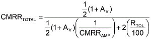 方程式1是從理想運算放大器的CMRR等式中匯出，其中CMRRAMP被假定為非常大(無窮大)。
