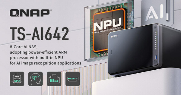 QNAP 新一代 AI NAS TS-AI642，搭載 ARM 八核心處理器與運算性能可達 6 TOPS 的神經(jīng)運算單元 (NPU)，讓中小企業(yè)以更精省的預算，輕松部署入門 AI 影像存儲與智能 Surveillance NAS 方案。