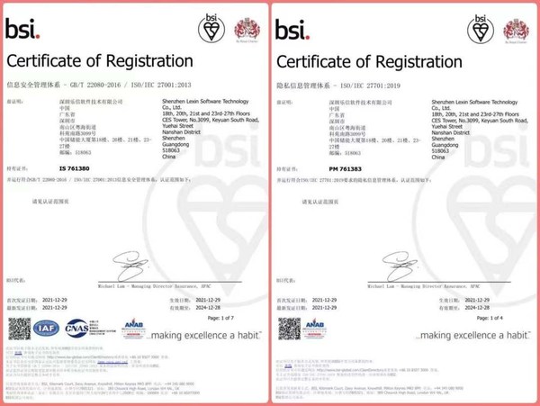 BSI授予樂信ISO/IEC 27001及ISO/IEC 27701兩項國際權(quán)威認證